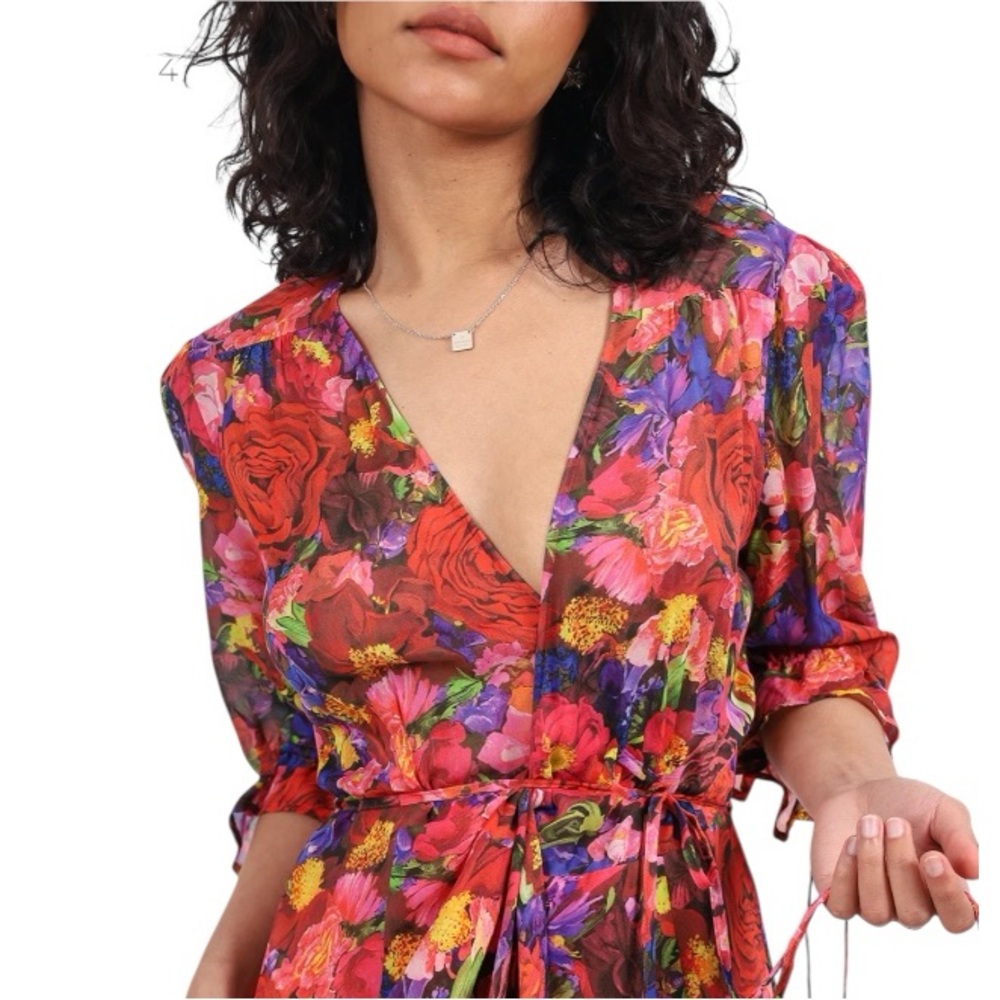 The Kooples Summer Night Red Floral-Print Silk Wrap Midi Dress - Picture 4 of 7